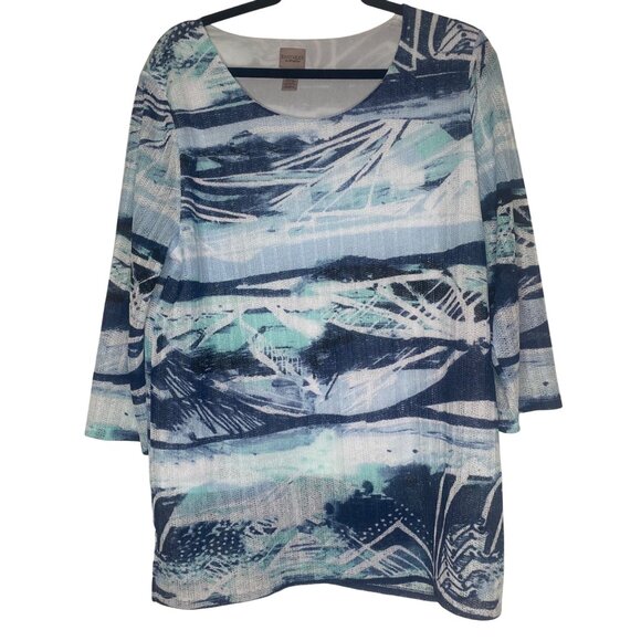 Chicos Easywear Blue Abstract Print Sheer Tunic Top 3/4 Sleeve Size 3 US L  Wome - Picture 1 of 11